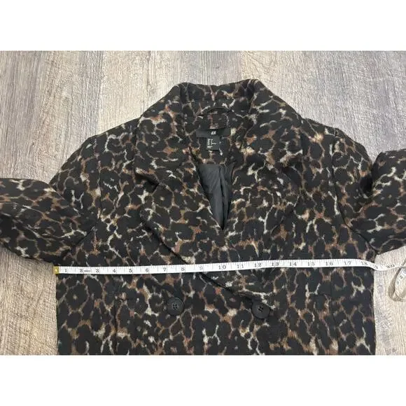 HM Womens Leopard Print Wool Blend Double Breasted Pea Coat Brown Black Size 2 - Picture 4 of 6